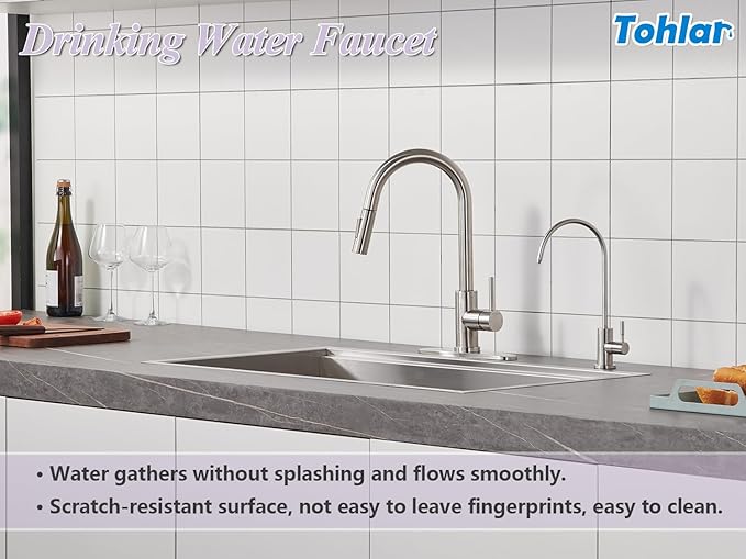 Tohlar Drinking Water Faucet for Kitchen Sink, Brushed Nickel Filtered Water Faucet Lead-Free Reverse Osmosis Faucet Water Filtration System 304 Stainless Steel, Brushed Nickel Finish