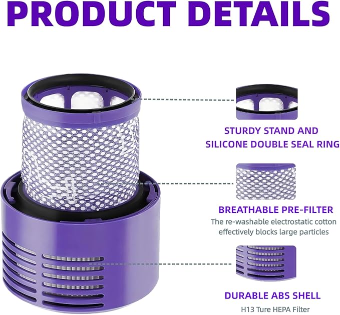 4-Pack V10 Vacuum Filter Replacements for Dyson V10 Cyclone Series, V10 Animal, V10 Absolute, V10 Total Clean, SV12, Washable, Reusable Vacuum Filter Great for Pet Hair, Dirt, Dust - Easy Installation