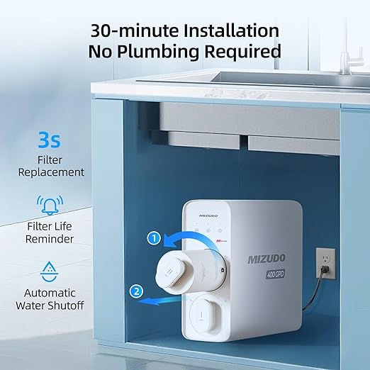 MIZUDO 600GPD Reverse Osmosis System, Pureflo Mini Size 8-Stage Tankless Reverse Osmosis Water Filter, 3:1 RO Filtration System Under Sink, Leak-Free, Reduce PFAS & Fluoride