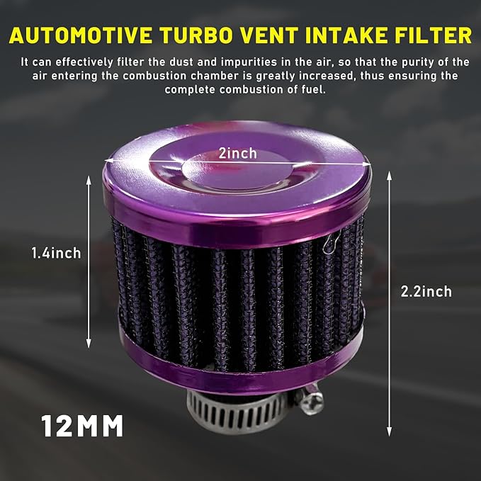 12mm Mini Air Filter, Universal Motor Cold Air Intake Filter Breather, Auto Turbo Vent Intake Filter Cleaner, Crankcase Breather Car Accessories for Motorcycle Engine Parts (Purple)