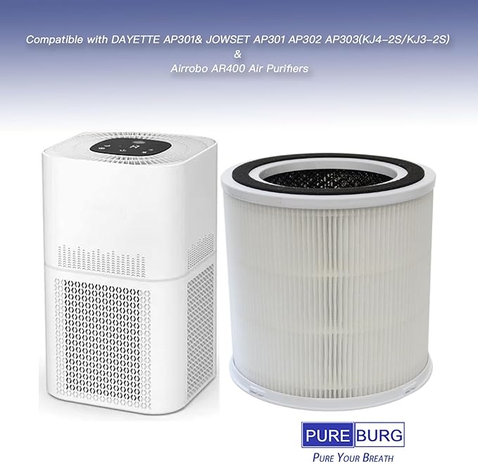 PUREBURG Replacement Filter Compatible with DAYETTE AP301 & JOWSET AP301 AP302 AP303 & AIRROBO AR400 Air Purifiers,2-Pack H13 HEPA 4-Stage Filtration Activated Carbon 2-IN-1