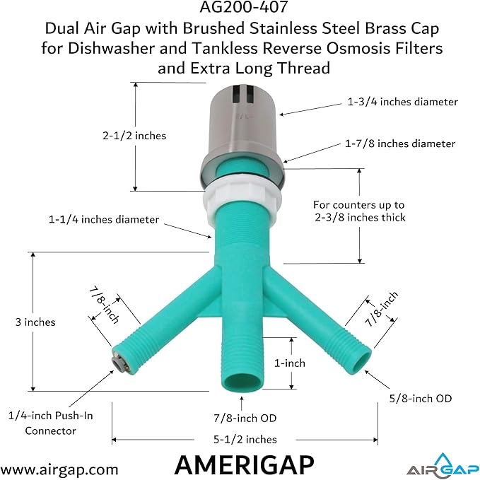 Dual Air Gap with Brushed Stainless Steel Brass Cap for Dishwasher and Tankless Reverse Osmosis Filter and Extra Long Thread (AG200-407, AG200-X07, AMERIGAP)