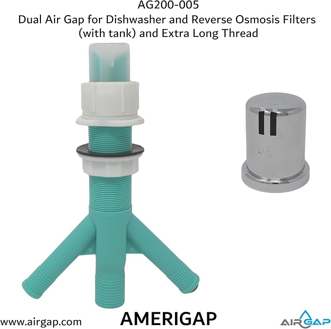 Dual Air Gap for Dishwasher and Reverse Osmosis Filters (with tank) and Extra Long Thread (AG200-005, AG200-002, T52 RO KIT, AMERIGAP)