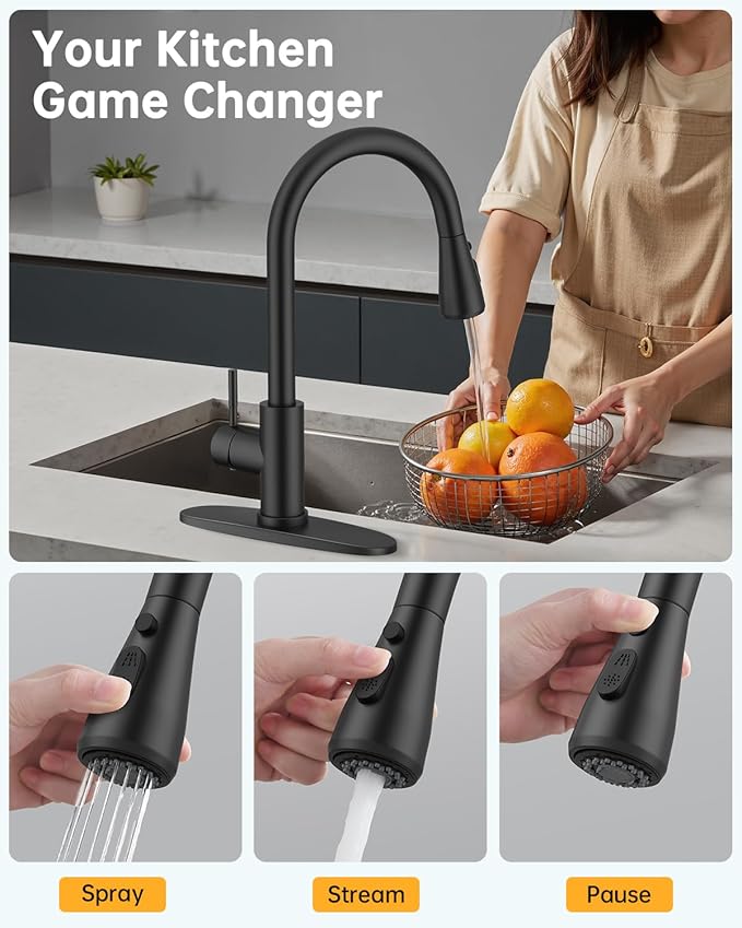 Kitchen Sink Faucet with Pull Down Sprayer with Deck Plate, 1 or 3 Holes High Arc Faucet, Stainless Steel Modern Bar Sink Faucets for Pot Filler, Farmhouse Laundry, RV Bathroom (Black)