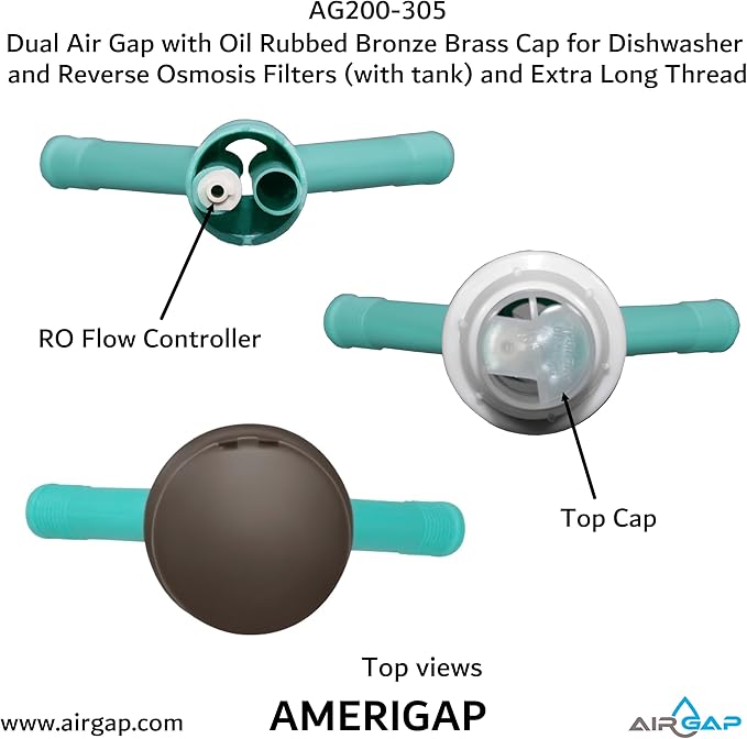 Dual Air Gap with Oil Rubbed Bronze Brass Cap for Dishwasher and Reverse Osmosis Filters (with tank) and Extra Long Thread (AG200-305, AG200-X05, AMERIGAP)