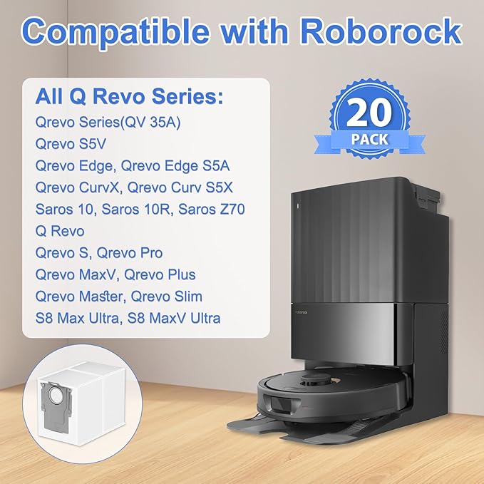 20 Packs Q Revo Dust Bags for Roborock QV 35A/Qrevo S5V/Saros 10/10R/Qrevo/Q RevoS/Qrevo Pro/Plus/MaxV/Master/Curv S5X/Edge S5A/S8 MaxV/S8 Max Ultra Robot Vacuum Cleaner, 3.5L Large Capacity