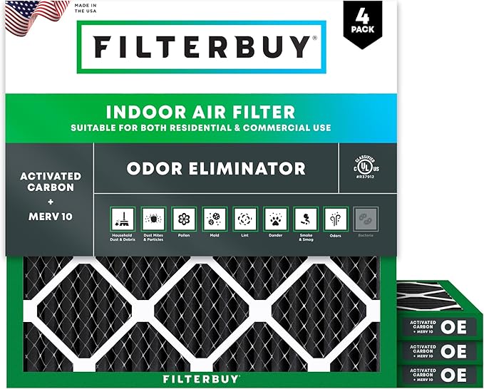 Filterbuy 16x16x1 Air Filter MERV 10 Odor & Allergy Defense with Activated Carbon (4-Pack), Electrostatic Pleated HVAC AC Furnace Filters Replacement (Actual Size: 15.75 x 15.75 x 0.75)