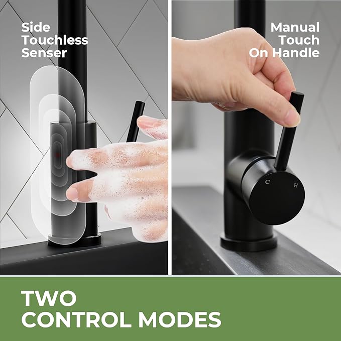 Touchless Kitchen Sink Faucet, VFAUOSIT Black Kitchen Faucet with Pull Down Sprayer Stainless Steel Motion Sensor Smart Hands-Free, Matte Black Single Hole Faucet for Bar Laundry RV Bathroom Sink