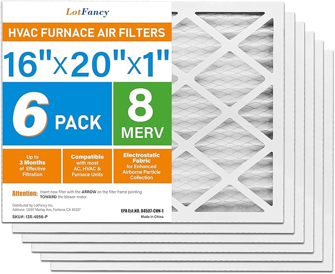 LotFancy 16x20x1 Air Filter MERV 8 6-Pack, Electrostatic Pleated Furnace & AC Filter, Captures Dust, Pet Hair, Pollen, Actual Size: 15.75"x15.75"x0.75"