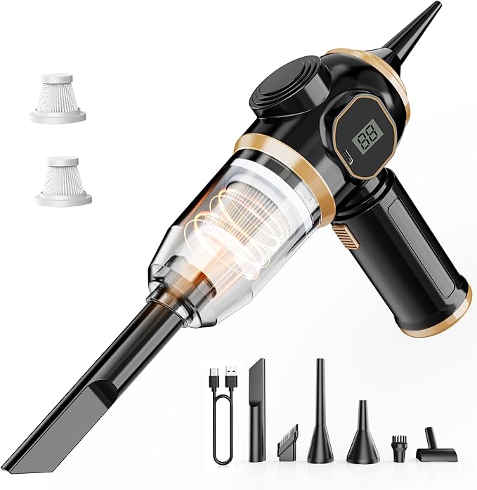 Mini Car Vacuum 15000Pa Portable Cordless Handheld Vacuum Cleaner and Air Duster with 2 Filter for Car, Sofa, Office, Pet, Home (Black & Gold)