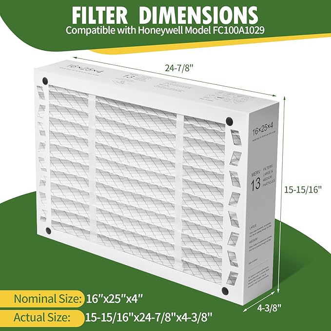 DerBlue 2PACK 16x25x4 MERV 13 Furnace Filter Replacement Compatible with Honeywell FC100A1029 Pleated HVAC,Foldable Design for Easy Installation & Space-Saving(Actual Size: 24.88 x 15.94 x 4.38 In)