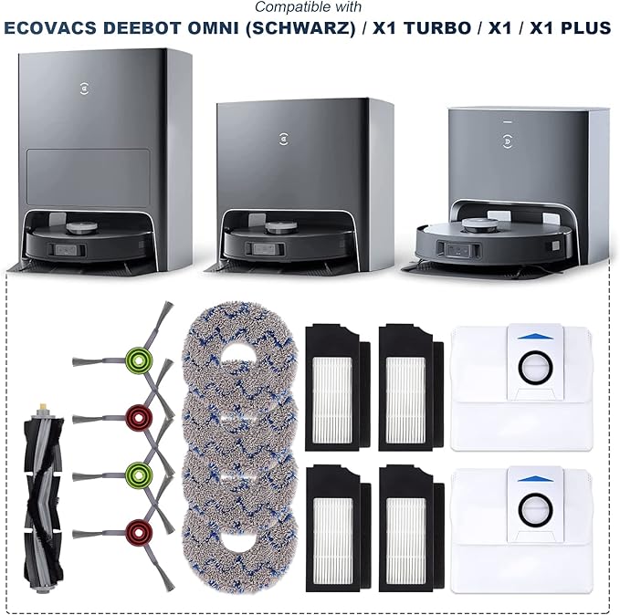 Replacement Parts for ECOVACS DEEBOT X1 OMNI Turbo T10 T20 Omni T20/T20 Max/T20 Pro Robot Vacuum Cleaner - Spare Accessories Kit Include 1 Main Brush 4 Side Brushes 4 Filter 4 Mop Pads 2 Dust bag