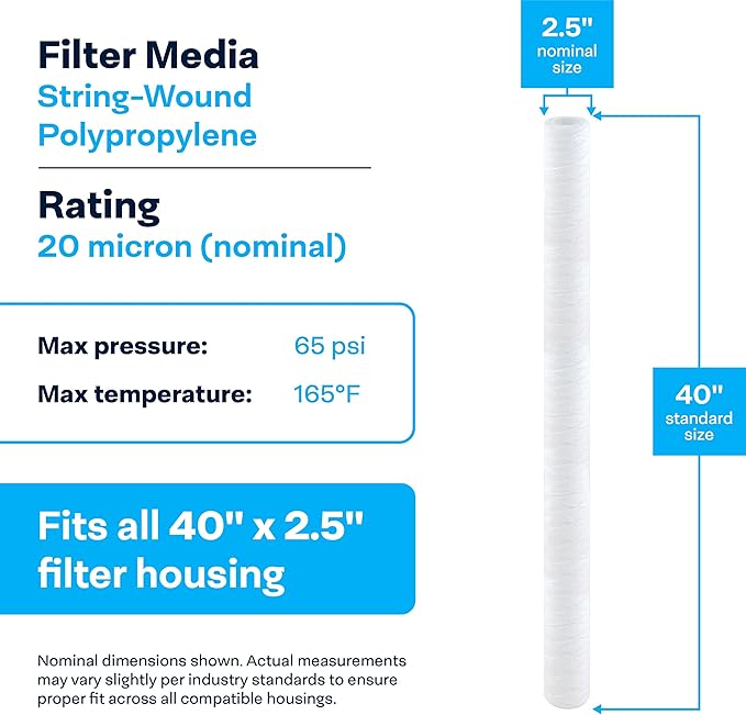 SpiroPure SP-CW20-40 40x2.5 20 Micron String-Wound Polypropylene Sediment Water Filter Cartridge SWC-25-4020 (Case of 20)