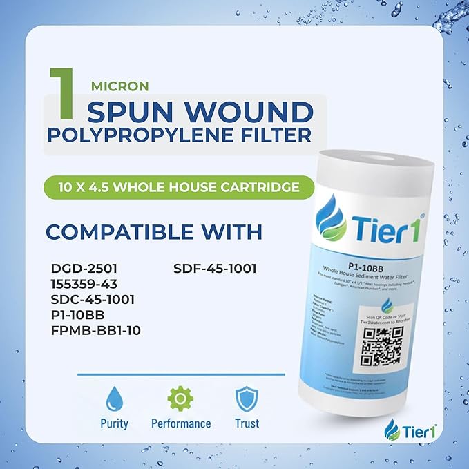 Tier1 1 Micron 10x4.5 Water Filter | Spun Wound Polypropylene Whole House Sediment Water Filter | Replacement for Pentek DGD-2501, 155359-43, SDC-45-1001 | 4.5 x 10 Water Filter Cartridge (6-Pack)