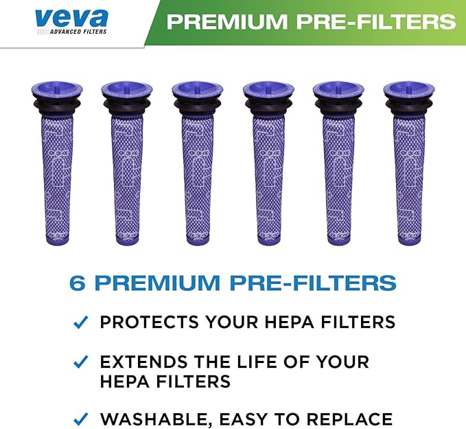 VEVA 6-Pack Premium Vacuum Pre-Filters Compatible with Dyson V6, V7, V8, DC58, DC59, DC61, DC62, Animal Models - Washable Pre Filter Replacements Part # 965661 - Perfect Fit, Air Purifiers