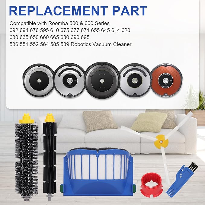 Replacement Parts Accessories for iRobot Roomba 600 500 Series 595 585 564 690 692 694 Vacuum Cleaner - 1 Side Brush 1 Bristle Brush 1 Flexible Beater Brush 1 Screw 1 Screwdriver 1 Round Cleaning Tool