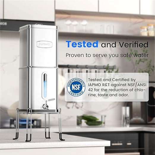 Purewell Square 2.25G Chlorine-Free Gravity Water Filter System with Water Level Window & Smart Timer, 3-Stage Filtration, Certified to Reduce Lead, Mercury, and Chlorine, SQ-2.25G
