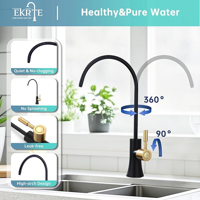 EKRTE Drinking Water Faucet for Kitchen Sink, Filtered Water Reverse Osmosis RO Faucet,304 Stainless Steel,Non-Air Gap, Matte Black and Champagne Gold