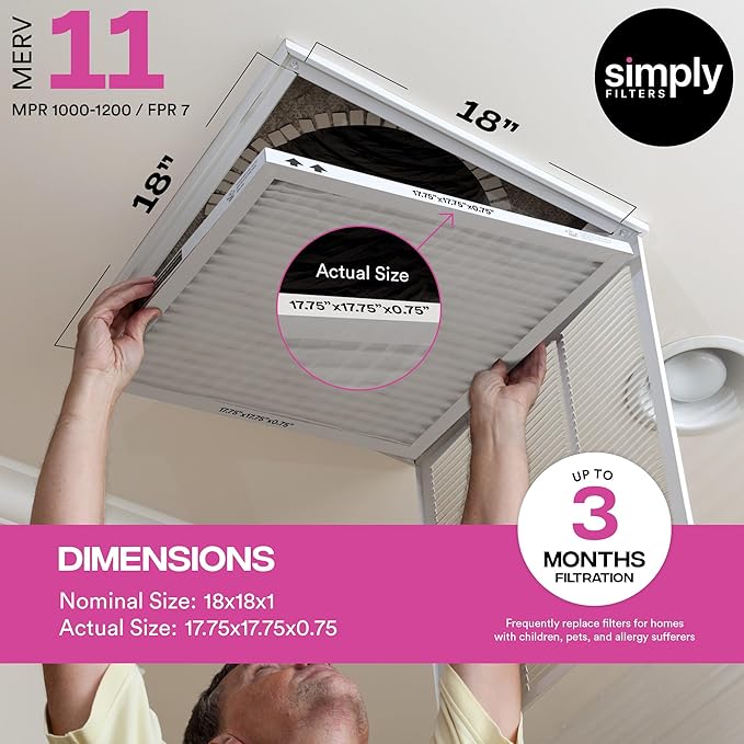 Simply 18x18x1 Air Filter, MERV 11, 4 Pack, For Home AC Furnace & HVAC (Actual Size: 17.75"x17.75"x0.75") DUST, Pet, & Allergy Control