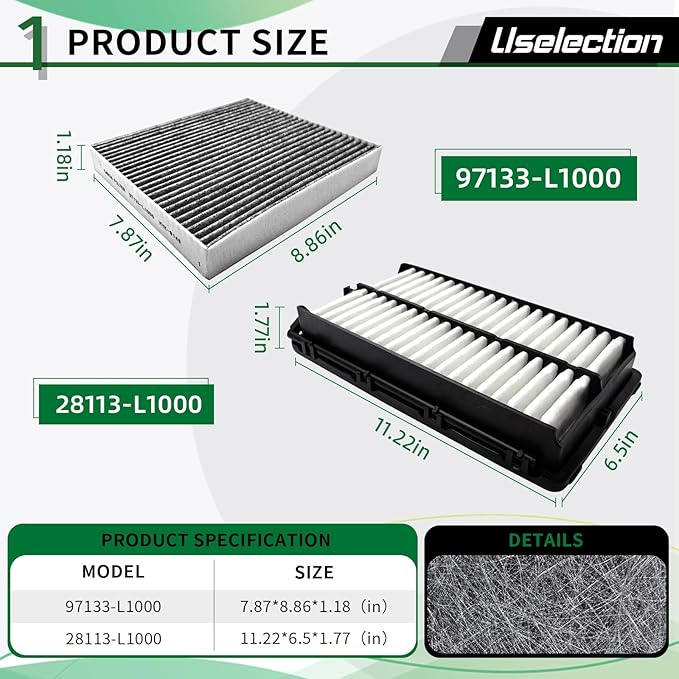 Cabin & Engine Air Filter W/Activated Carbon Kit for Tucson (2022–2025), Santa Fe (2021–2025), Sonata (2020–2025), K5 (2021–2025), Sportage (2023–2025), # 28113-L1000 97133-L1000 CF12820 CA12816