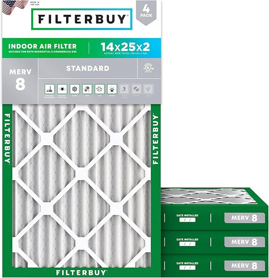 Filterbuy 14x25x2 Air Filter MERV 8 Essential Dust & Allergy Defense (4-Pack), Electrostatic Pleated HVAC AC Furnace Filters Replacement (Actual Size: 13.50 x 24.50 x 1.75)