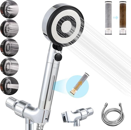 Carbon Filters High Pressure Shower Head Handheld, Remove Chlorine, Chloramine, Fluoride,Heavy Metals, Toxic Chemicals Reduces Dry Itchy Skin.5 Spray Mode for Hard Water with Hose Bracket(PT-818)