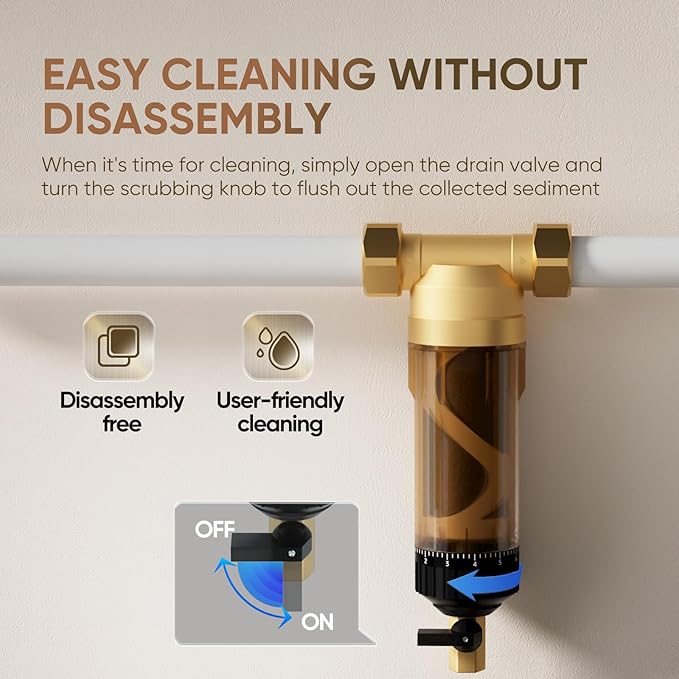 PUREPLUS 40 Micron Whole House Spin Down Sediment Water Filter With Scrapper, Reusable Flushable Pre-Filtration System for City/Tap water, 1" MNPT + 3/4" FNPT + 3/4"MNPT, Brass, BPA Free, USA Tech
