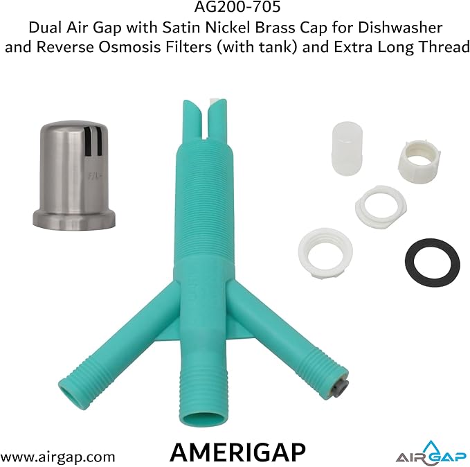 Dual Air Gap with Satin Nickel Brass Cap for Dishwasher and Reverse Osmosis Filters (with tank) and Extra Long Thread (AG200-705, AG200-X05, AMERIGAP)