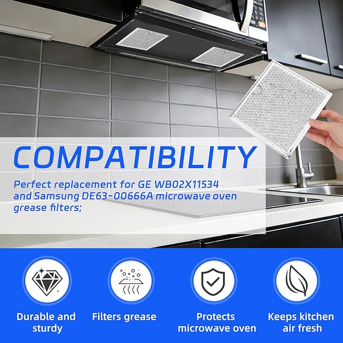 2pcs Microwave Grease Filter Replacement, 6-3/8"x6-3/4"(17.2x16.2cm) Aluminum Mesh Screen Filter Compatible with GE WB02X11534 & Samsung DE63-00666A for Kitchen Air Enter the Over-the-Range Oven Vent