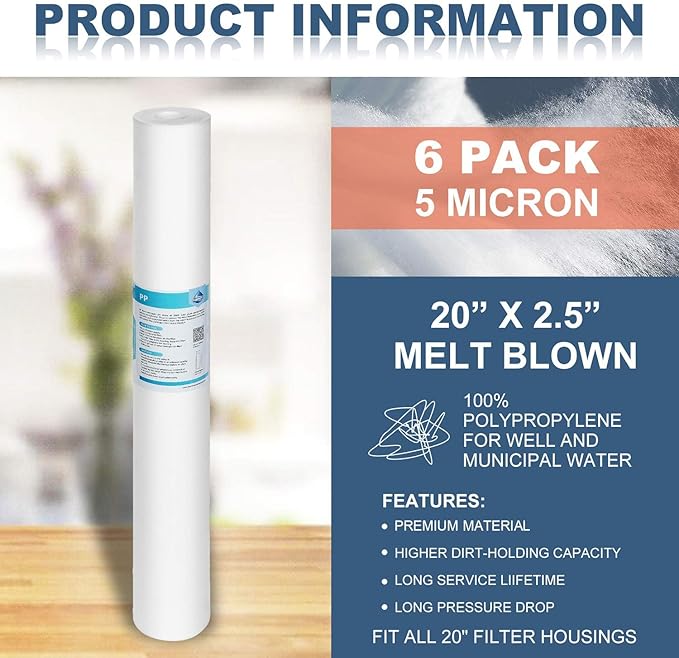 Membrane Solutions 5 Micron Sediment Water Filter Replacement Polypropylene Cartridge 20" x 2.5" for Whole House Filter System - 6 Pack