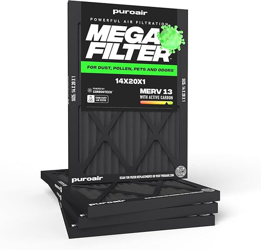 PuroAir MegaFilter - 14x20x1 Air Filter MERV 13 Activated CarbonTech Defense - Heavy Duty 3 Layer Furnace Filters Allergens, Pollen, Dust, Pet Dander, Smoke, Odors - HVAC Air Filter 14x20x1 (4-Pack)