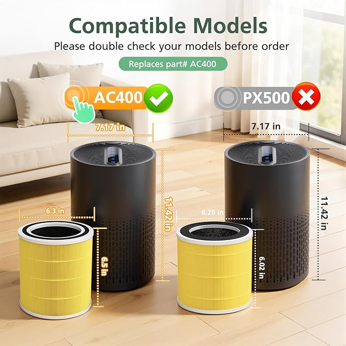 2 Pack AC400 Air Purifiers Replacement Filter for Purivortex AC400 Air Purifier, 3-in-1 HEPA Technology High Efficiency Pet Care Filter, Yellow