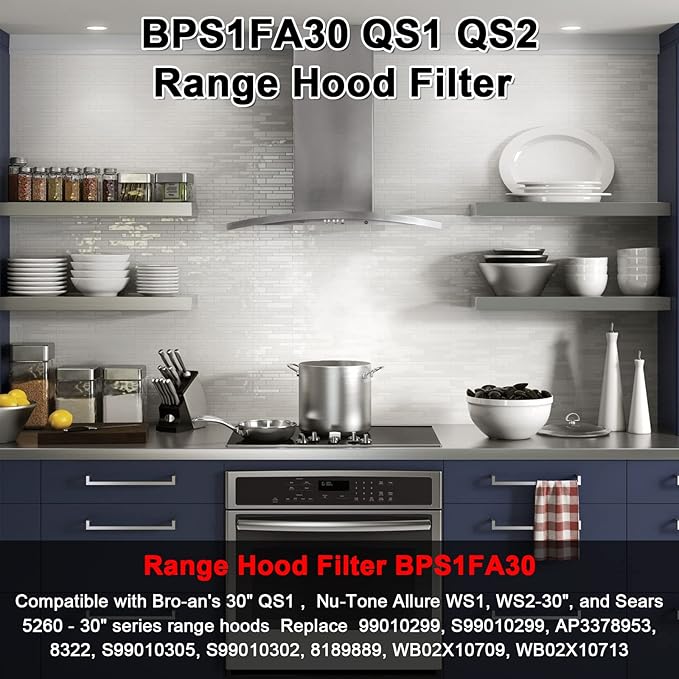 BPS1FA30 99010299 Range Hood Grease Filter 11-3/4" x 14-1/4" x 3/8" Mesh Aluminum Filter fit for B-roan QS1 30" N-utone WS1 QS2 Range Hood Replace S99010305 AP3378953-4 Pack by Fetechmate