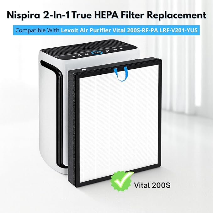Nispira Vital 200S 2-In-1 True HEPA Filter Replacement Compatible with Levoit Air Purifier Part Vital 200S-RF LRF-V201-YUS | Removes Smoke, Chemical VOCs, Odor | 1 Pack