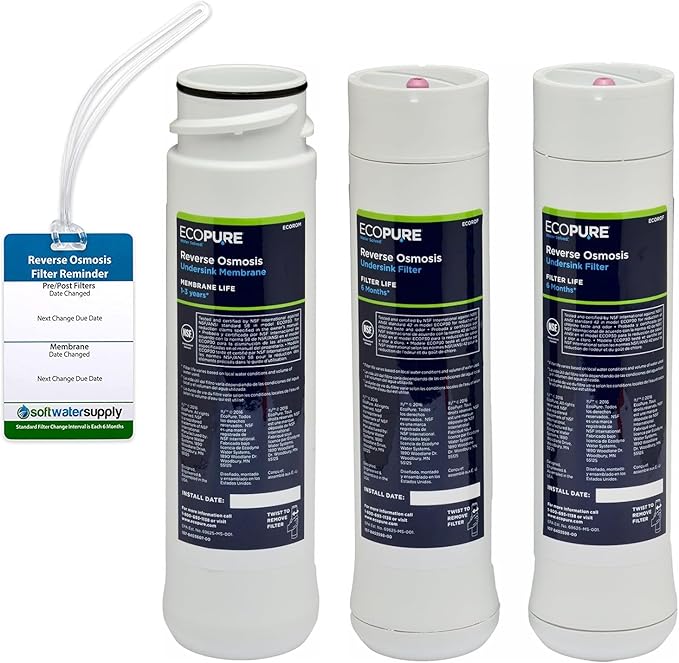 EcoPure Reverse Osmosis Filter and Membrane Set - Includes Membrane ECOROM and Pre/Post Filter Set ECOROF - Includes Reminder Tag - NSF Certified Authentic OEM Parts for ECOP30 RO Unit