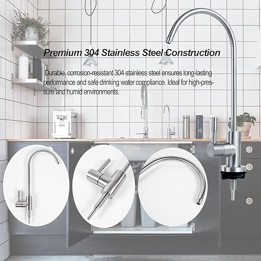 Drinking Water Faucet for Most Reverse Osmosis and Water Filtration.Sink Faucet SUS304 Stainless Steel Brushed Nickel.Includes 3/8" Adapter, Straight Connector, 1/2" Quick-Connect Fitting