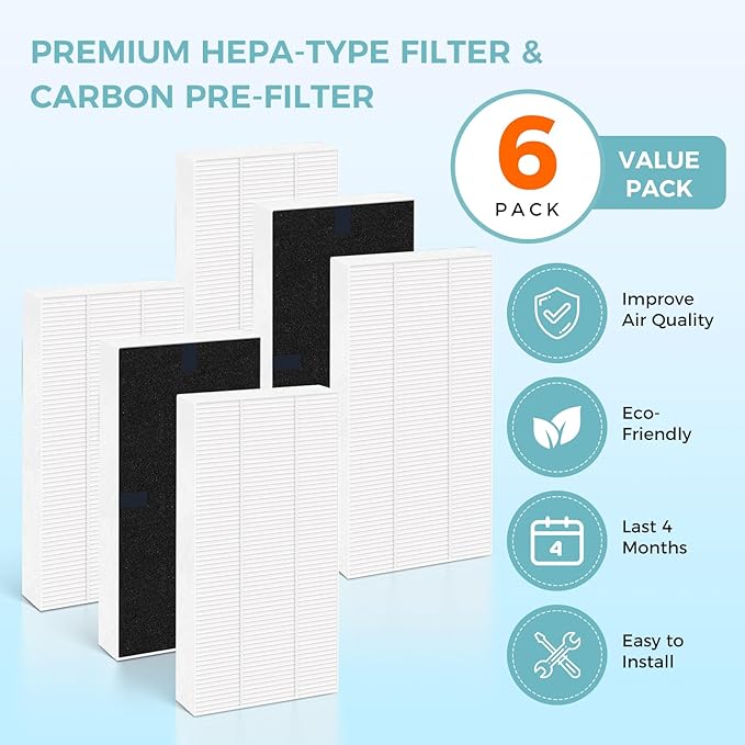 6 Pack Filter U for Febreze Air purifier Filter Replacement Dual Action HEPA-Type FRF102B, Models FHT170, FHT180, FHT190 and Fit for Honeywell HEPAClean U Filter HRF201B, Models HHT270, HHT270W,HHT290