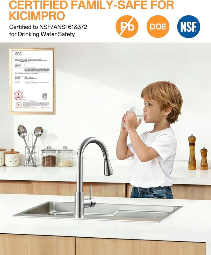 Kicimpro Kitchen Faucet with Pull Down Sprayer, Zero Leakage 3 Hole Brushed Nickel RV Kitchen Sink Faucet with Water Line, NSF Certified Lead-Free 304 Stainless Steel Touchless Kitchen Sink Faucets
