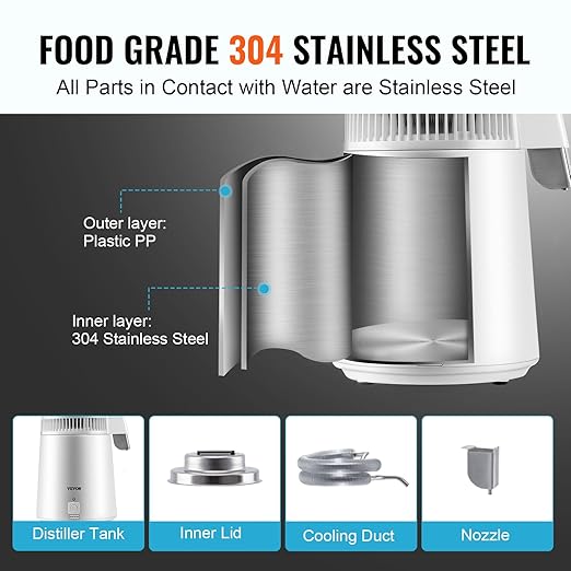 VEVOR Water Distiller, 1.1 Gal Distilled Water Machine, 750W Pure Water Distilling w/BPA Free Plastic Container, Water Distillation Kit w/Button, Countertop Distilled Water Maker for Home, White