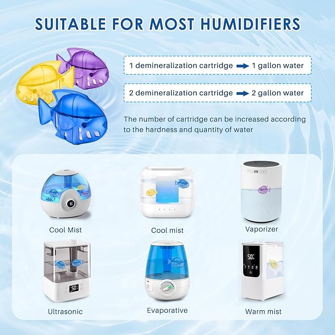 12 Pack Humidifier Cleaning Fish, Humidifier Cleaner for Most Humidifiers + Fish Tanks, Demineralization Cartridge to Purifie Water, Prevent Hard Water Build-Up, Reduce Scale to improve Humidification