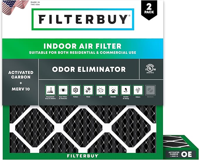 Filterbuy 12x12x1 Air Filter MERV 10 Odor & Allergy Defense with Activated Carbon (2-Pack), Electrostatic Pleated HVAC AC Furnace Filters Replacement (Actual Size: 11.75 x 11.75 x 0.75)
