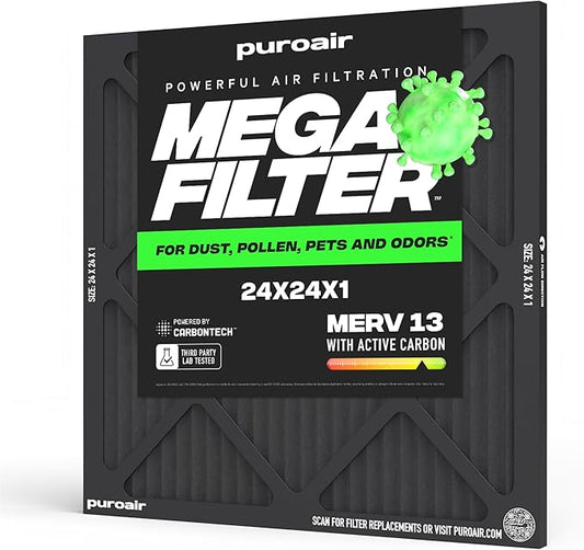 PuroAir MegaFilter - 24x24x1 Air Filter MERV 13 Activated CarbonTech Defense - Heavy Duty 3 Layer Furnace Filters Allergens, Pollen, Dust, Pet Dander, Smoke, Odors - HVAC Air Filter 24x24x1 (1-Pack)