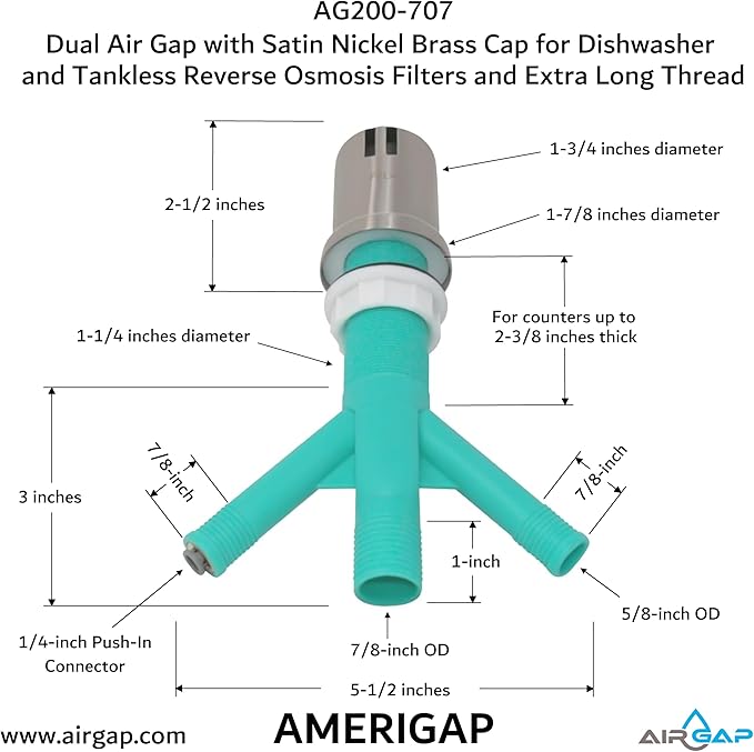 Dual Air Gap with Satin Nickel Brass Cap for Dishwasher and Tankless Reverse Osmosis Filter and Extra Long Thread (AG200-707, AG200-X07, AMERIGAP)
