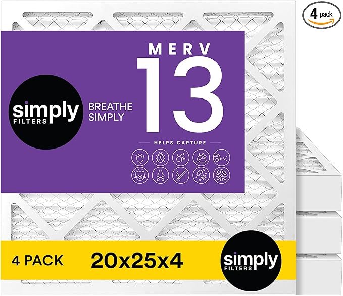 Simply 20x25x4 Air Filter, MERV 13, 4 Pack, Furnace Air Filter for HVAC (Actual Size:19.5"x24.5"x3.63") DUST, Pet, & Allergy Control