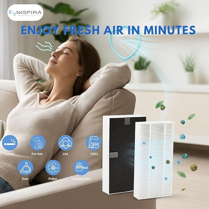 Nispira 2-Pack U Filter HRF201B Replacement 2-in-1 HEPA Activated Carbon For Honeywell Febreze Air Purifier FRF102B FRF101B FHT190 FHT180 FHT170 HHT270 HHT290 | Removes Smoke, Pollen, Dust
