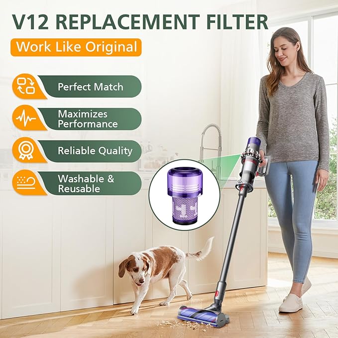 V12 Filter Replacements for Dyson V12 Detect Slim, Detect Slim Animal, Slim+ Cordless Vacuum and V12 Slim Absolute Vacuums, SV34, SV35 V12 Vacuum Cleaner Filter Replacement, Part No. 971517-01, 3 Pack
