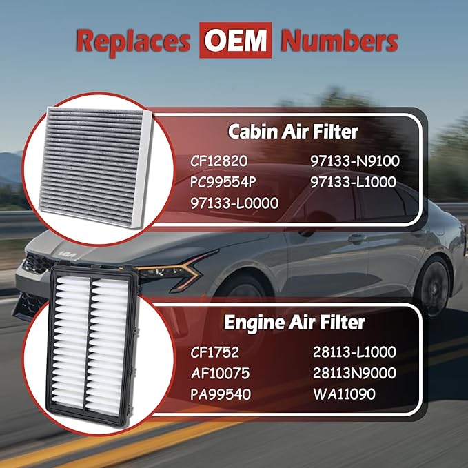 28113-L1000 Engine Air Filter and 97133-L0000 Cabin Air Filter kit Compatible with 2022-2025 Hyundai Tucson 2021-2025 Santa Fe 2020-2025 Sonata 2021-2025 Kia K5 Sorento Not For Hybrid