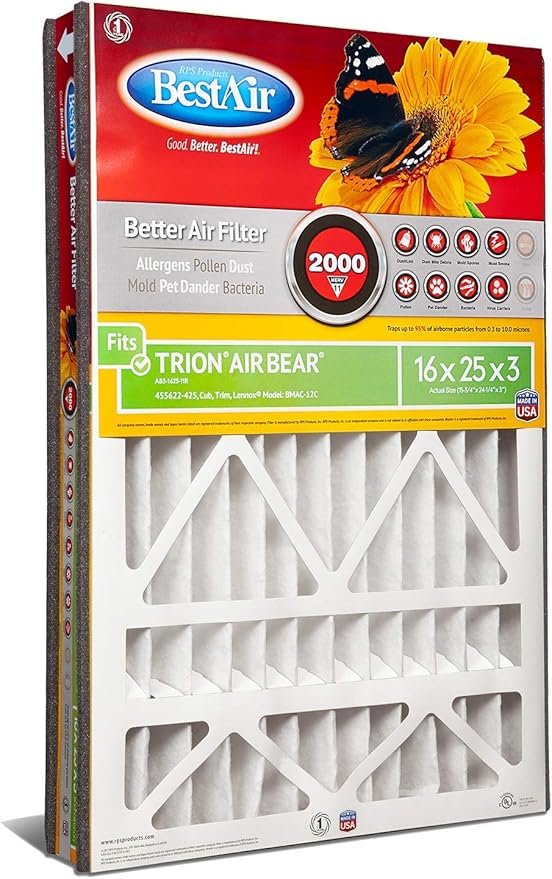 BestAir AB3-1625-11R AC Furnace Air Filter, 16" x 25" x 3", MERV 11, Fits 100%, For Trion Air Bear, Supreme, Skuttle, GeneralAire, Source1 & Ultravation Models, Pack of 3