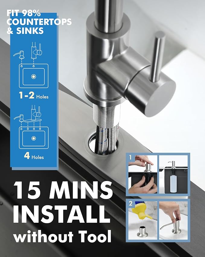 VFAUOSI RV Bath Faucets, Shower Faucet with Soap Dispenser for RV Sink, 3-Mode Kitchen Sink Faucet with Pull Down Sprayer Stainless Steel Single Handle Brushed Nickel