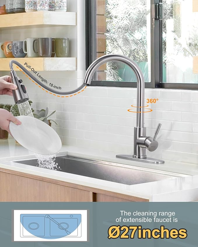 WOWOW Kitchen Faucet with Sprayer, Kitchen Sink Faucet, SUS 304 Stainless Steel, High Arc Single Handle Brushed Nickel Kitchen Faucets with Pull Down Sprayer, Pull Out Kitchen Faucet with Deck Plate